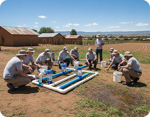 A field team assembling a water filtration system outside a village